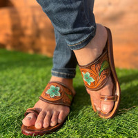 Sandales à bout ouvert en cuir véritable de vachette véritable fait à la main pour femmes style occidental décontracté extérieur tongs plates turquoise