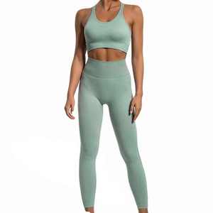 High Quality Seamless 2 Piece Womens Fitness Gym Clothing Polyester Nylon Sports Wholesale Customized Front Logo Yoga Wear Sets - Product Image 1