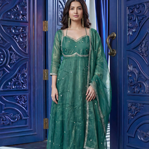 RICH LOOK FENDY Kurta Kurti de seda chinon pesada con bordado y lentejuelas, para fiestas festivas, Diwali, precio al por mayor, Rama, Mujer - Product Image 1