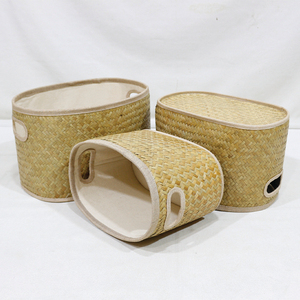 Panier ovale tressé en feuilles de palmier naturelles, écoresponsable et durable, avec doublure en tissu et poignée découpée intégrée – Meilleure vente - Product Image 6