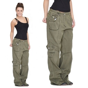 Pantalon cargo pour femme, couleur unie, en toile, décontracté, taille mi-haute, longueur intégrale, avec plusieurs poches, fermeture boutonnée, style automne - Product Image 2