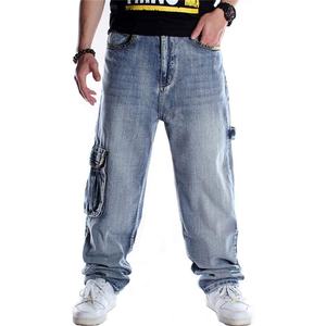 Pantalon de travail en denim de coton baggy Hip Hop coupe ample pour hommes, jean à jambe droite, poches plaquées, style de rue - Product Image 1