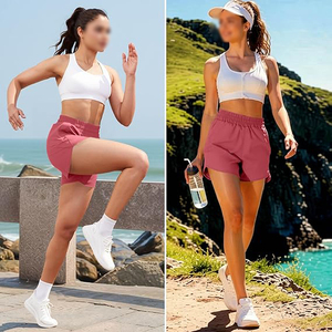 Shorts de sport pour femmes en polyester rouge rose avec cordon de serrage, poches latérales pour téléphone, respirants, pour la course à pied et le fitness - Product Image 4