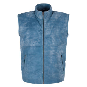 Chaleco acolchado de cuero genuino Napa Buff para hombre, negro, sin mangas, con cuello alto y cremallera, marca privada. - Product Image 6