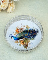 Plateau de service décoratif en métal, motif paon moderne de luxe, fait main, en fer argenté, centre de table, présentoir Diwali