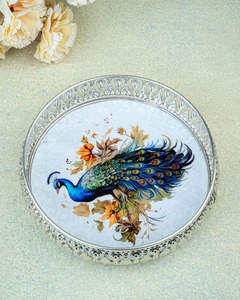 Luxury Round Peacock Print Metal Decorative Serving Tray Handmade <b>Silver</b> Iron Vanity Tray <b>Coffee</b> <b>Table</b> Centerpiece Display Plate - Product Image 1