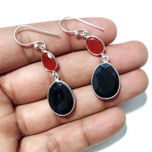 Natural Blue Sapphire & Carnelian Gemstone <b>Earring</b>, <b>Solid</b> 925 Sterling <b>Silver</b> <b>Earrings</b>: Faceted Dangle <b>Earrings</b> - Product Image 1