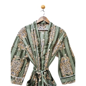Kimono de algodón con estampado de bloques de tigre verde para mujer, ropa de verano con bolsillos de parche térmico transpirables duraderos, rayas verticales - Product Image 2