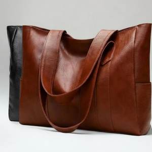 Sac fourre-tout décontracté minimaliste pour femme en cuir véritable, avec fermeture éclair, imperméable, grande capacité, sac à bandoulière quotidien, noir, marron - Product Image 6