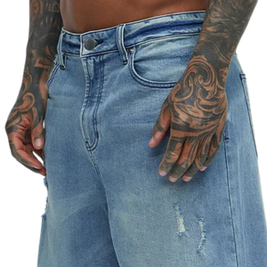 Shorts en jean bleu clair pour homme, en coton délavé, cinq poches, coupe droite, décontracté, été, respirant, séchage rapide, longueur genou, ourlet brut - Product Image 3