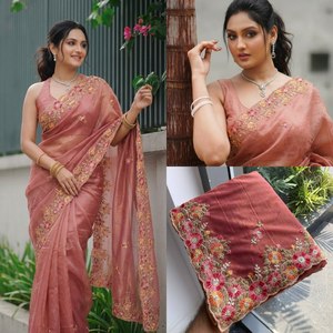 Sari de Seda Rosa Elegante de NiMa Creations con Bordado Floral, de Secado Rápido, para Bodas y Fiestas, Corte Regular, Estilo Indio - Product Image 5