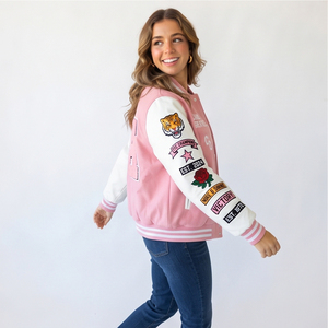 Leather Sleeve Patches Embroidery <b>Varsity</b> <b>Jacket</b> <b>Women</b> Baseball Button Down <b>Varsity</b> <b>Jackets</b> Ladies Winer Baseball <b>Varsity</b> <b>Jacket</b> - Product Image 5