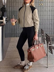<b>Women</b> Sporty Color Blocking <b>Jacket</b> Full Sleeve Stand Collar Zipper <b>Fly</b> Lightweight Polyester Spring Casual Wear Windproof Split - Product Image 3