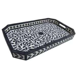 Plateau de toilette rectangulaire géométrique noir et blanc Art Déco avec poignées pour l'organisation du comptoir de salle de bain, en résine, décoratif et luxueux - Product Image 2