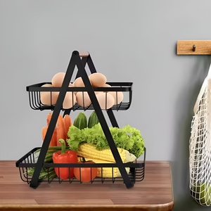 2-Tier Fruit <b>Basket</b> for Kitchen Counter Metal Wire Fruit & <b>Vegetable</b> Stand with Wooden Handle Countertop Organiser for Table - Product Image 2