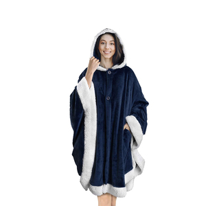 <b>Wearable</b> <b>Blanket</b> Hooded Plush Navy Blue With White Trim Classic Style Soft Cozy One Piece Covering Sleepwear - Product Image 1