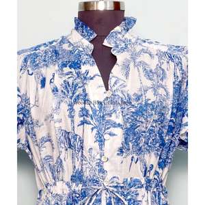 Women's Summer Midi A-Line <b>Sundresses</b> Handmade Block Printed Lace Floral Cotton Breathable Eco-Friendly Including Pockets - Product Image 3