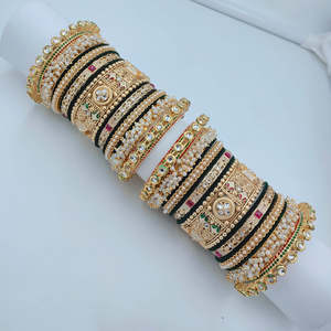 Designer Gold Plated Pearl Kundan Meenakari Velvet Chuda <b>Bangles</b> <b>Set</b> for Bridal Daily Wear - Product Image 2