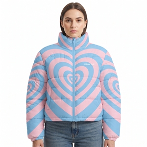 Blouson matelassé pour femme avec ceinture et imprimé cœurs colorés, manteau d'hiver à capuche, personnalisable par sublimation, chaud et rembourré, pour l'extérieur, tendance - Product Image 1