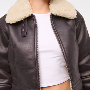 Women's Genuine Leather <b>Bomber</b> <b>Jacket</b> With Fur Trim Zipper Closure Short Length Winter Style - Product Image 3