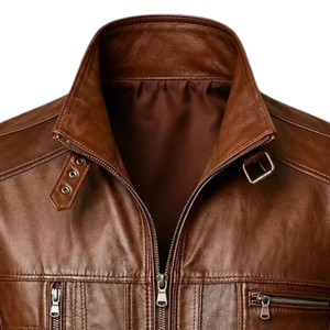 <b>Men</b> <b>Genuine</b> <b>Leather</b> <b>Jacket</b> With Stand Collar Full Zip Closure Multi Pocket Design Vintage Motorcycle Riding Casual Outdoor Biker - Product Image 5