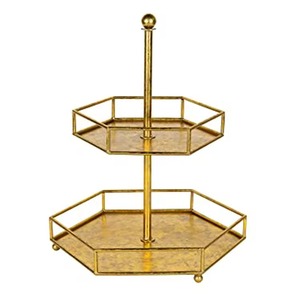 Soporte de pastel de dos niveles de metal dorado de lujo para decoración de bodas de alta gama - Product Image 4