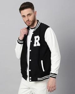 <b>Men's</b> Black <b>White</b> Varsity <b>Jacket</b> Letter R Print Preppy Style Regular Fit Polyester Material Turn-down Collar Single Button - Product Image 3