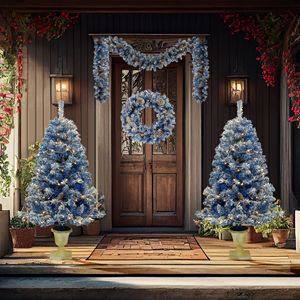 Set Natalizio Pre-Illuminato in 4 Pezzi: Albero di Natale Artificiale con Luci LED, Ghirlanda e Corona, Decorazioni per Ingressi - Product Image 2