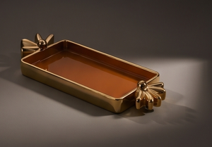 Luxury Orange Enamel Rectangular Serving <b>Tray</b> with <b>Gold</b> Decorative Handles Metal Platter for <b>Coffee</b> <b>Table</b> Living Room Decor - Product Image 4