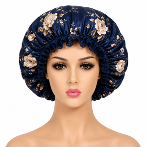 Bonnet de nuit en satin pour femmes, motif floral bleu, élastique réglable, bonnet pour cheveux, usage domestique, 54-56 cm, style européen - Product Image 1