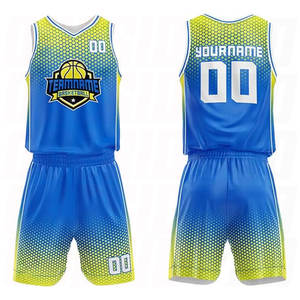 Ensemble de vêtements de sport personnalisés unisexe en maille polyester pour le basketball, bleu et jaune, respirant, maillot et short - Product Image 1