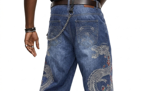 Men's Wide Leg Denim <b>Jeans</b> High Waist Loose Fit <b>Embroidered</b> Dragon Floral Pattern Hip Hop Streetwear Style Stonewashed Cotton - Product Image 3