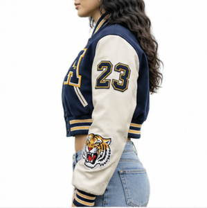 Custom Women's Cropped Varsity <b>Jacket</b> Embroidered Patchwork Sleeves Cotton Filling Windproof <b>Waterproof</b> OEM ODM Manufacturer - Product Image 5