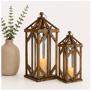 Wooden Candle <b>Lantern</b> <b>Set</b> of 2 Farmhouse Decorative Glass Hurricane <b>Lantern</b> with Metal Top for Wedding Centerpiece Home Decor - Product Image 4