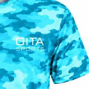 T-shirt camouflage cyan pour homme, manches courtes, col rond, imprimé camouflage, sport, entraînement, course à pied, fitness, performance, vêtements de sport - Product Image 6