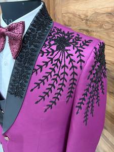 Men's Magenta Embroidered Viscose Tuxedo Suit 3-Piece Double Breasted Mandarin Collar Wedding Blazer Hand - Product Image 3