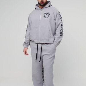 Men's Gray Hooded <b>Tracksuit</b> Set Full Length Loose Fit Casual Streetwear Zipper Front Printed Design Side Pockets Autumn Wear - Product Image 4