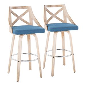 Sgabello da bar Charlotte da 30 pollici a altezza fissa con base girevole, in legno bianco anticato e tessuto blu, poggiapiedi in metallo cromato, stile rustico - Product Image 1