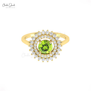 Chordia Jewels Women's 14k Solid <b>Gold</b> Natural 6mm Peridot <b>Ring</b> with Diamond Halo Flower Design Romantic Engagement Gemstone <b>Ring</b> - Product Image 4