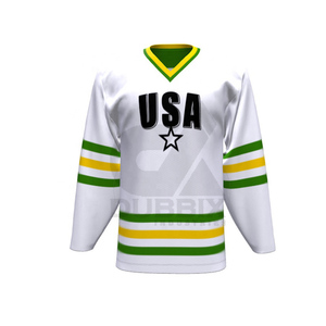 Maillot de hockey sur glace USA blanc, vert, jaune, imprimé, col en V, manches courtes, polyester anti-humidité, vêtements personnalisés pour hommes adultes - Product Image 1