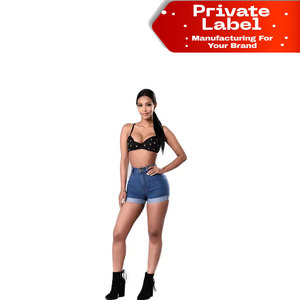 Shorts en jean pour femmes de haute qualité, personnalisables avec marque privée, à ourlet plié, classiques, 5 poches, prix de gros, taille haute - Product Image 1
