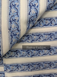 Tela de Algodón 100% Puro Estampada a Mano con Diseño Floral Azul y Rayas para Confección de Prendas al por Mayor - Product Image 5