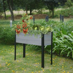Macetas y jardineras de diseño moderno para jardín interior/exterior, caja rectangular de madera con patas de acero recubiertas de polvo - Product Image 1