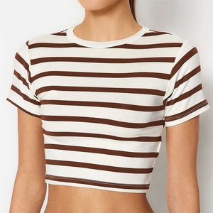 OEM Manufacturer High Quality Women's Striped <b>Crop</b> <b>Top</b> Crew Neck Short Sleeve Casual T-Shirt Spring Summer 100% Cotton Knitted - Product Image 1