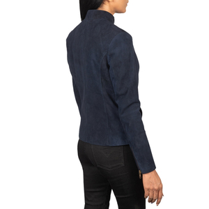 Veste en daim véritable bleu marine pour femme, col montant, fermeture éclair, manches longues, style minimaliste, manteau d'automne - Product Image 2