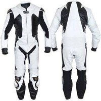 Combinaison de moto unisexe en cuir à manches longues, noire avec accents rouges et blancs, design une pièce avec fermeture éclair, panneaux réfléchissants, toutes saisons
