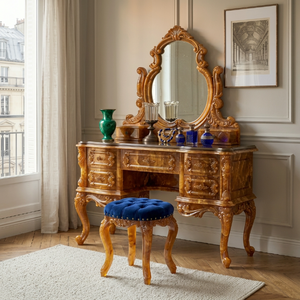 Ensemble coiffeuse <span class=keywords><strong>de</strong></span> luxe personnalisé en bois <span class=keywords><strong>de</strong></span> palissandre, style français classique, avec miroir et tabouret, pour villa, suite nuptiale, mobilier OEM - Product Image 1