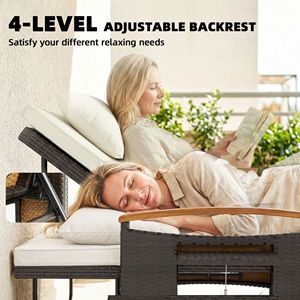 Lettino da Esterno Regolabile in Rattan con Schienale a 4 Livelli, Braccioli in Legno di Acacia, Divano Letto Beige da Patio con Pouf Contenitore - Product Image 4