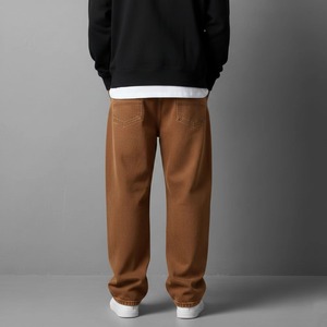Pantalon droit en toile marron pour homme, taille élastique, logo brodé sur la jambe droite, décontracté, pour l'automne, 100% coton biologique, léger - Product Image 2