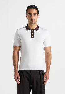 Polo en coton blanc pour homme, manches courtes, couleur unie, coupe décontractée, col piqué tricoté avec bordure et boutons marron - Product Image 5
